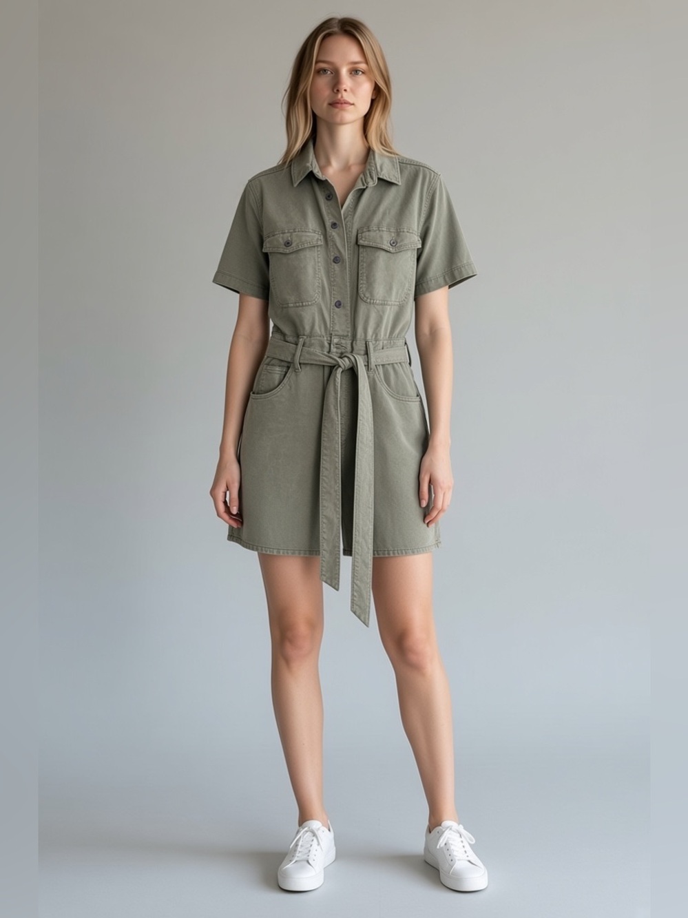Olive Utility Shirt romper with Tie Waist